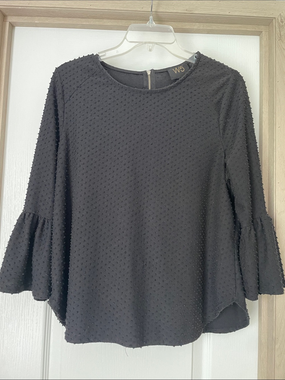 W5 Black Textured Swiss-Dot Bell Sleeve Top
